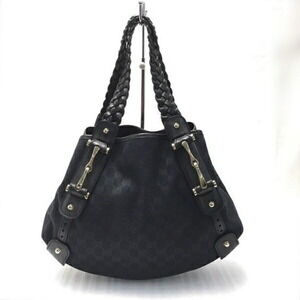 Gucci GG Canvas Braided Handle Tote Bag Black Horsebit Shoulder